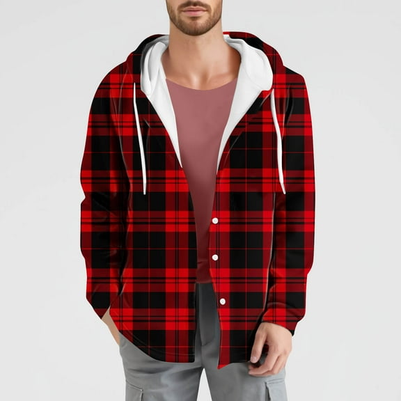 KeShDi Fall Coats Men's Check Print Pocket Long Sleeved Pocket Button Hooded Casual Red 2X