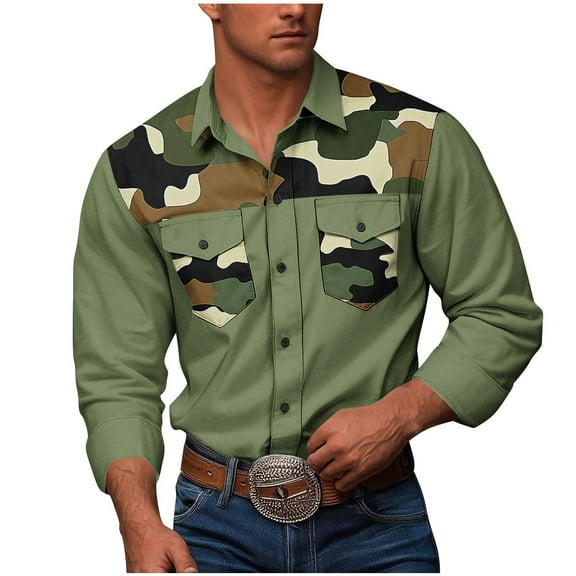 KeShDi Fall Jackets Men Casual Fashion Button Camouflage Double Pockets Print Long Sleeve Turndown Workwear Shirt Army Green 3X