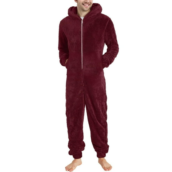 KeShDi Fall Shirts Men Long Sleeve Hooded Jumpsuit Pajamas Casual Winter Warm Rompe Sleepwear Wine 2X