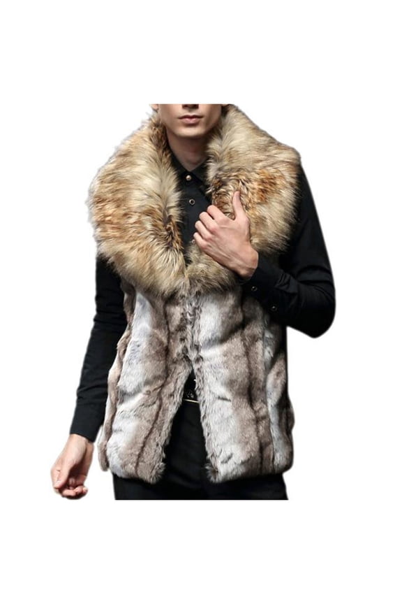 Faux Fur Vest Men's Winter Neckerchief Gradient Faux Fleece Leopard Print Warm Coat Top Brown L