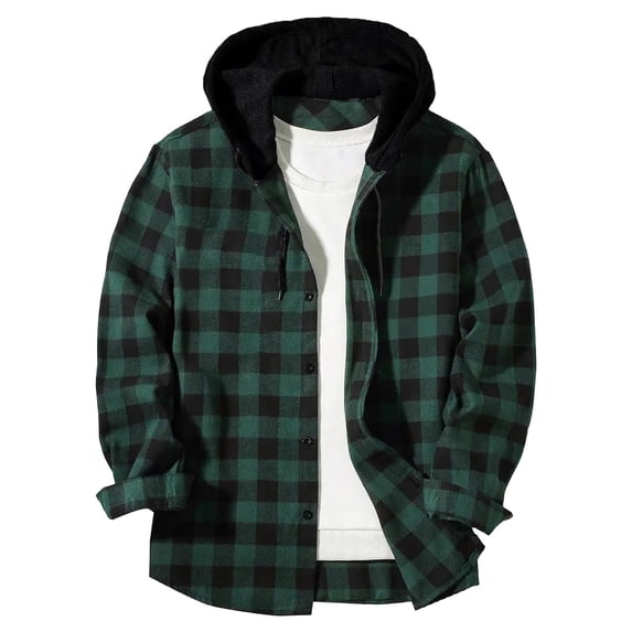 KeShDi Flannel Hoodie for Men Men Casual Patchwork Fashion Plaid Hooded Button Long Sleeve Shirt Blouse Army Green S