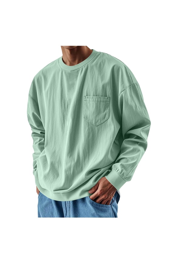 Flannel Jacket for Men Solid-Color Casual Loose Fashionable Button Pocket Sports Long Sleeve Stan-up Collar Blouse Shirt Mint Green 2X