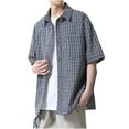thumbnail image 1 of KeShDi Flannel Shirt Men Casual Check Button Pocket Lapel Fashion Short Sleeved Shirt Blue XL, 1 of 4