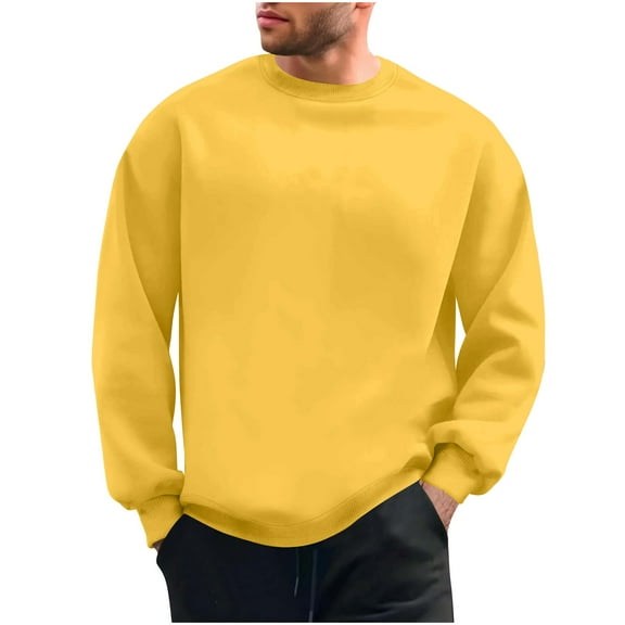 KeShDi Flannel Shirt for Men Crewneck Sweatshirt Men's Solid Color Casual Long Sleeved Round Neck Base Sweatshirt Long Sleeved Round Neck Top/shirt Yellow S
