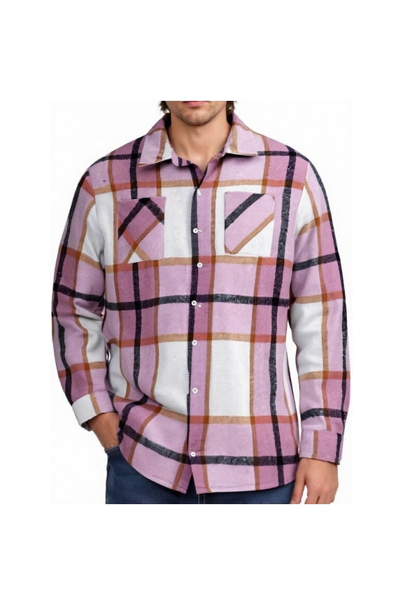Flannel Shirt Men Flannel Brushed Lapel Long Sleeved Shirt Casual Versatile Checkered Shirt Men's Long Sleeved Lapel Top/shirt Pink 3X