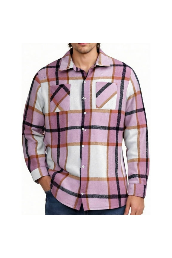 Flannel Shirt Men Flannel Brushed Lapel Long Sleeved Shirt Casual Versatile Checkered Shirt Men's Long Sleeved Lapel Top/shirt Pink L
