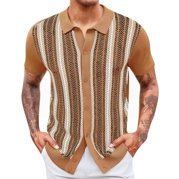 KeShDi Flannel Shirt Men Summer Men's Casual Shirt Striped Knitted Short Sleeved Short Sleeved Lapel Top/shirt Brown M