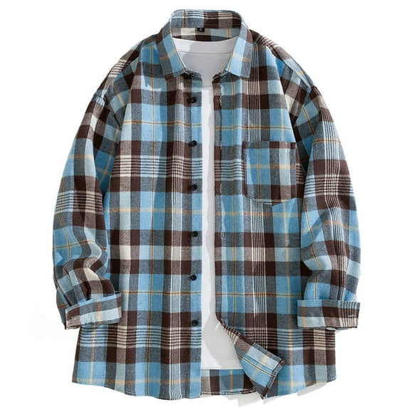 KeShDi Flannel Shirt for Men Casual Fashion Plaid Turn-down Collar Pockets Button Long Sleeve Blouse Shirt Light Blue M