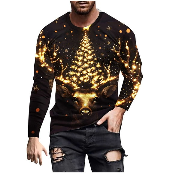 KeShDi Flannel Shirt for Men Christmas Fashion Casual Men Christmas Print Sports Long Sleeves Round-Neck Blouses Shirts GoldM