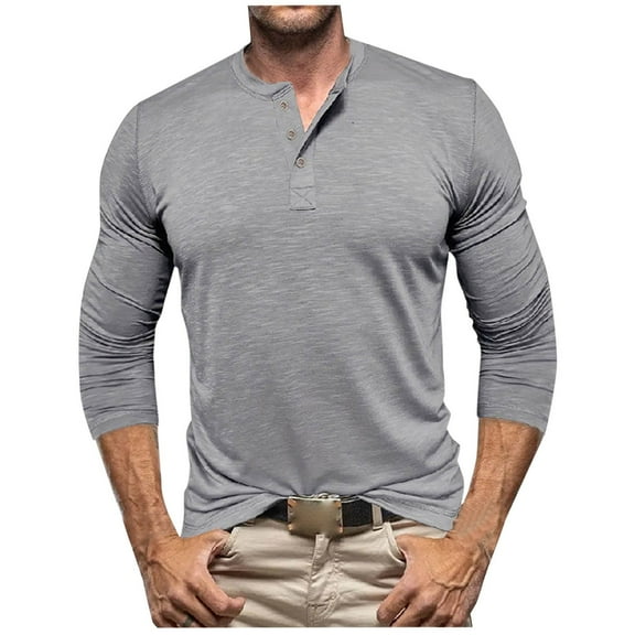 KeShDi Flannel Shirt for Men Crewneck Sweatshirt Man Solid-Color Casual Buttons Long Sleeve Round-Neck Blouses Shirts Gray S