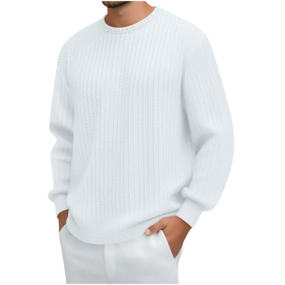 KeShDi Flannel Shirt for Men Crewneck Sweatshirt Men's Vintage Casual Solid Color Round Neck Fashion Long Sleeve T-shirt White 2X