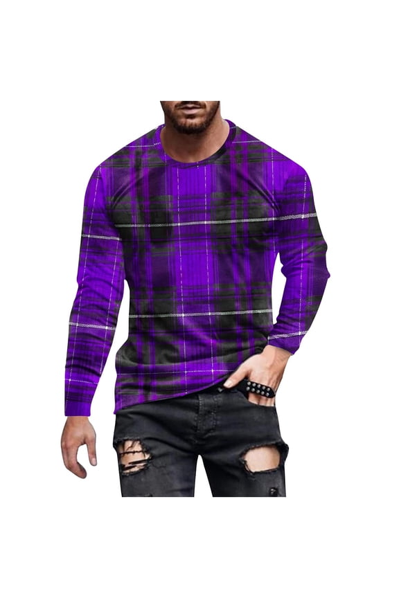 Flannel Shirt for Men Fashion Casual Printing Round Neck Long Sleeve Pullover Printed Print Blouse Purple 4X