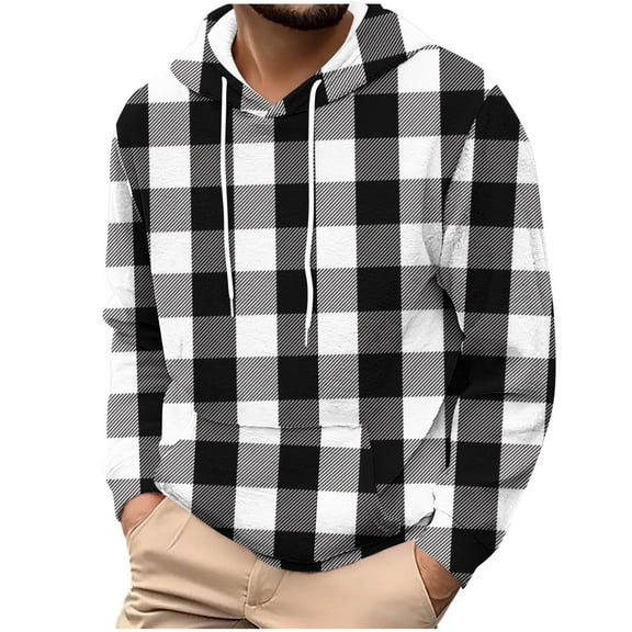 KeShDi Flannel Shirt for Men Fashion Pockets Long Sleeve Printing Hooded Sweatshirts Blouse White S
