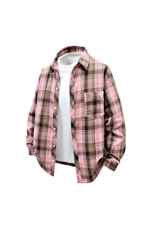 Flannel Shirt for Men Leisure Button Lattice Pocket Flip Collar Long Sleeves Shirt Pink M