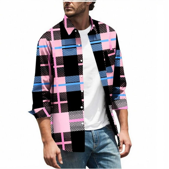 KeShDi Flannel Shirt for Men Men Casual Fashion Button Checkered Print Long Sleeve Turndown Elastic Blouse Shirt Hot Pink 3X