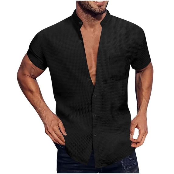 KeShDi Flannel Shirt for Men Men Solid Color Versatile Pocket Button Short Sleeve Stand-up Collar Shirt Black S
