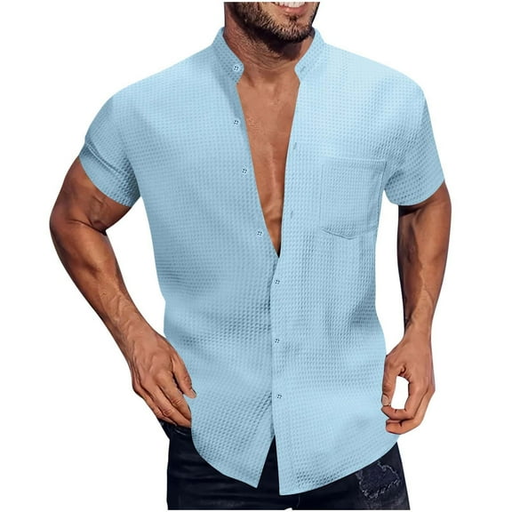 KeShDi Flannel Shirt for Men Men Solid Color Versatile Pocket Button Short Sleeve Stand-up Collar Shirt Sky Blue S