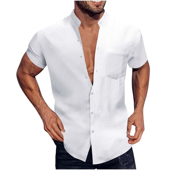 KeShDi Flannel Shirt for Men Men Solid Color Versatile Pocket Button Short Sleeve Stand-up Collar Shirt White L