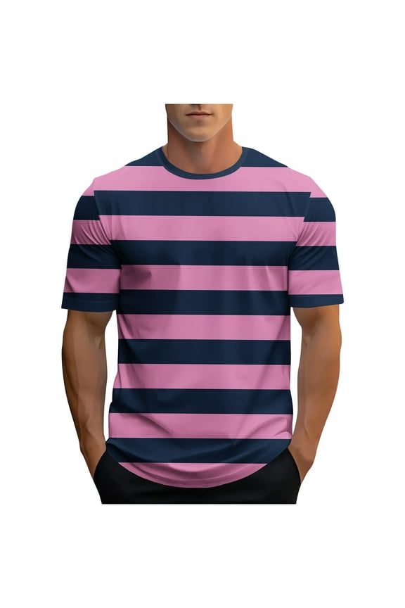 Flannel Shirts Man Fashion Casual Stripe Print Sports T-shirt Short Sleeve Round-Neck Blouses Shirts Purple 2X