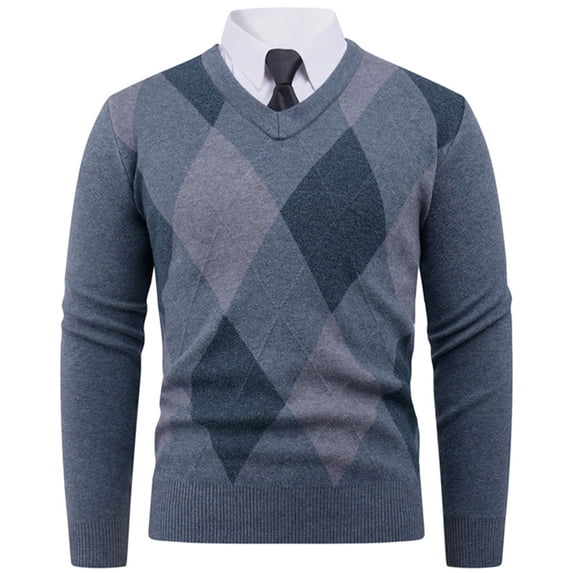 KeShDi Flannel Shirts Men's Fashion Plaid Printed Long Sleeved V-neck Sweater Knitted Sweater Pullover Top Gray 3X