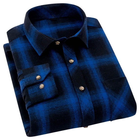 KeShDi Flannel Shirts Men's Lapel Long Sleeved Shirt Casual Versatile Checkered Shirt Men's Long Sleeved Lapel Top/shirt Blue M