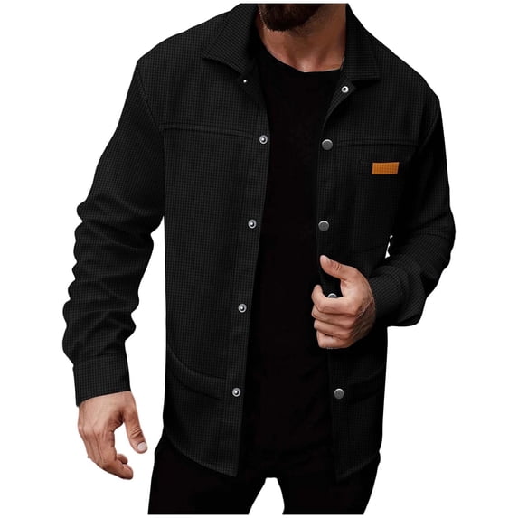 KeShDi Flannel Shirts Men's Solid Color Long Sleeved Lapel Button Up Cardigan Shirt Jacket Top Black L