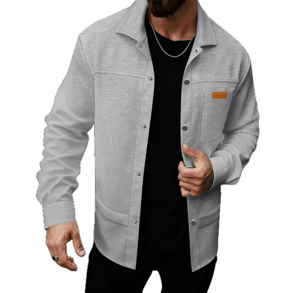 KeShDi Flannel Shirts Men's Solid Color Long Sleeved Lapel Button Up Cardigan Shirt Jacket Top Gray 3X