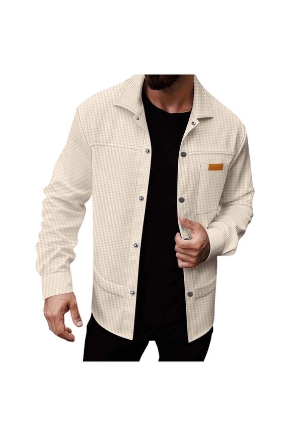 Flannel Shirts Men's Solid Color Long Sleeved Lapel Button Up Cardigan Shirt Jacket Top Khaki L