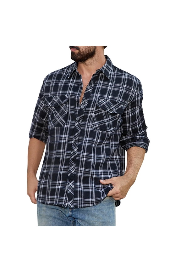 Flannel Shirts Men's Vintage Casual Check Button Pocket Lapel Fashion Long Sleeve Shirt. Black S