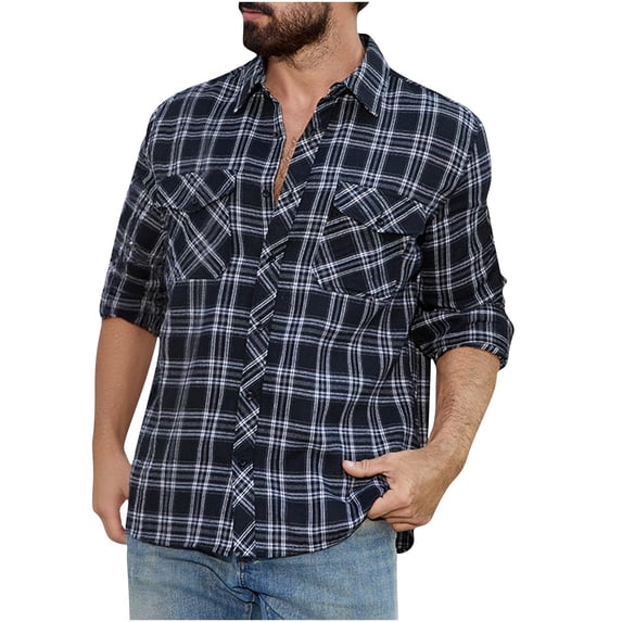 KeShDi Flannel Shirts Men's Vintage Casual Check Button Pocket Lapel Fashion Long Sleeve Shirt. Black XL
