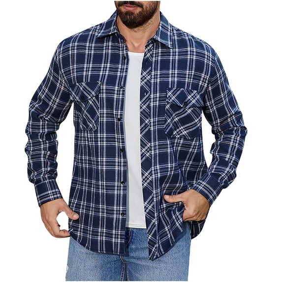 KeShDi Flannel Shirts Men's Vintage Casual Check Button Pocket Lapel Fashion Long Sleeve Shirt. Navy L
