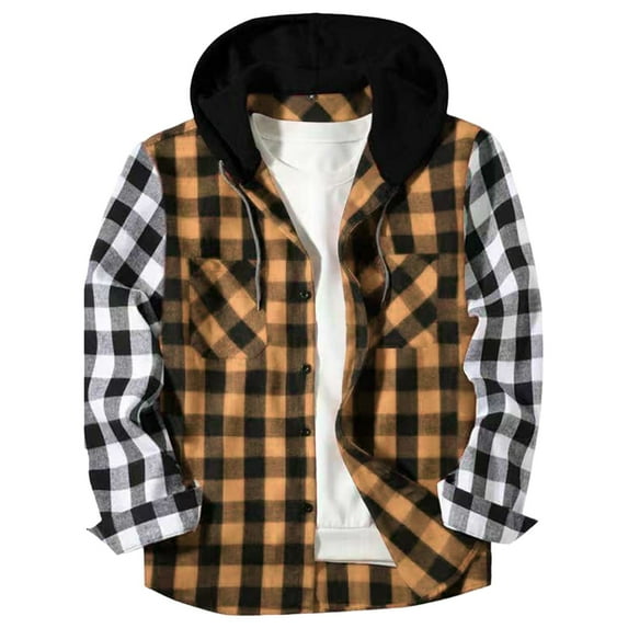 KeShDi Flannel Shirts for Men Hooded Casual Button Down Brushed Plaid Shirt Men's Color Blocked Long Sleeved Hooded Top Orange S