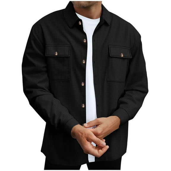KeShDi Flannel Shirts for Men Men Solid Color Casual Fashion Double Pockets Long Sleeve Button Cardigan Shirt Hoodie Coat Black 2X