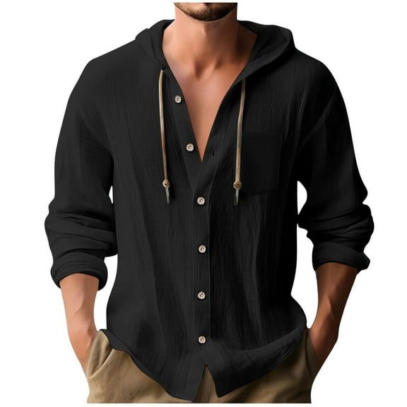 KeShDi Fleece Jacket Men Fashion Casual Solid Button Round-Neck Long Sleeve with Hooded Blouse Black XL