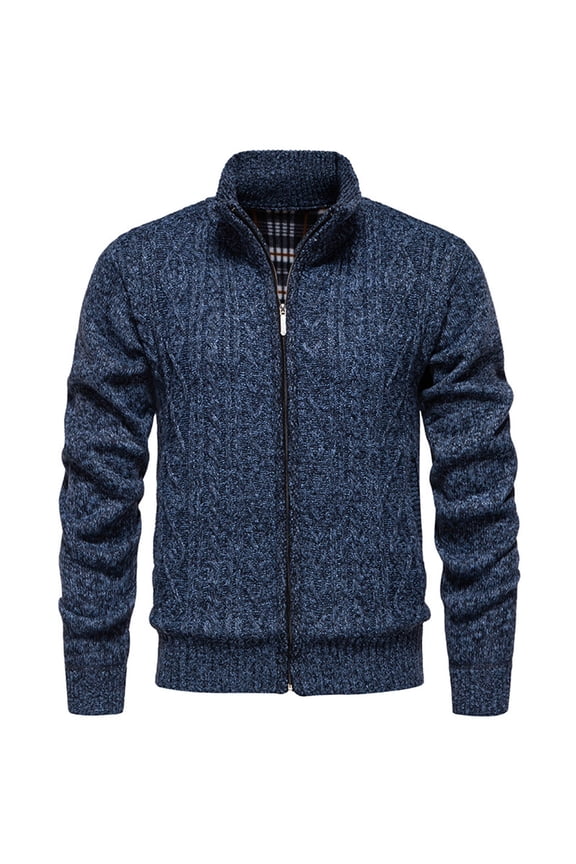 Fleece Jacket Mens Coat Man Solid Color Pattern Knitwear Fleecing Intensification Zipper Stand Collar Coat Dark Blue 2X
