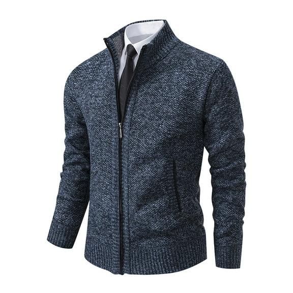 KeShDi Fleece Jacket Mens Coat Style Men Casual Fashion Fleecing Stand Collar Zipper Long Sleeve Knitted Sweater Coat Blue L