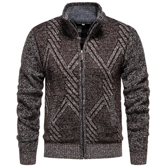 KeShDi Fleece Jacket Mens Puffer Jacket Man Solid Color Pattern Knitwear Fleecing Zipper Stand Collar Coat Coffee XL