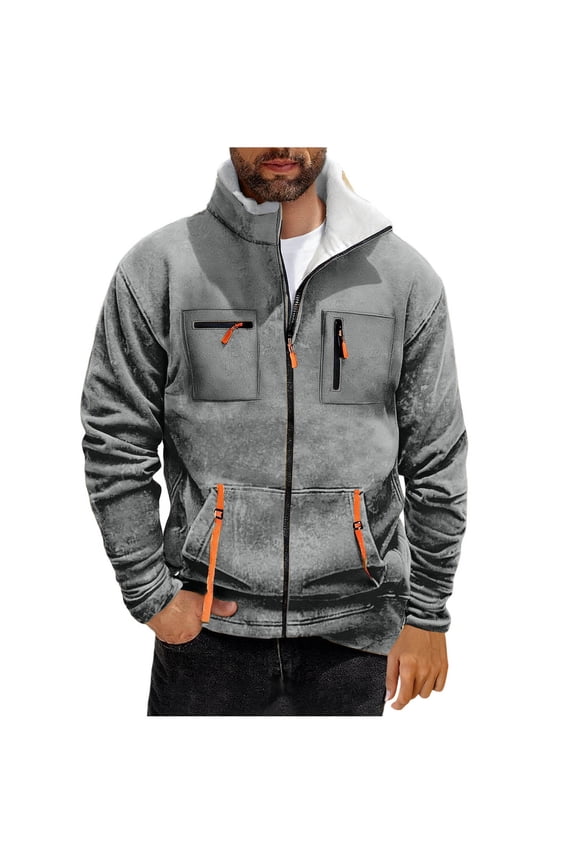 Fleece Jacket Mens Puffer Jacket Men's Casual and Fashionable Solid Color Long Sleeved Stand Collar Zipper Pocket Blouse/Shirt Gray 3X