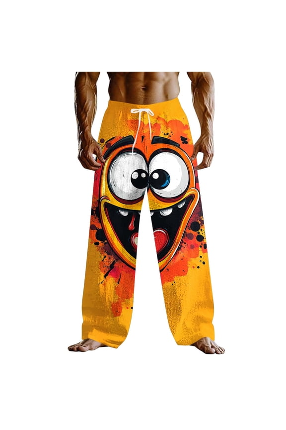 Funny Loung Pants for Mens Trendy Pants Men's Smiling Face Pants Loose Pants Casual Pants Mid Waist Outdoor Vacation Home Elastic Drawstring Waist Fragrant Pants with Pockets Multicolor L