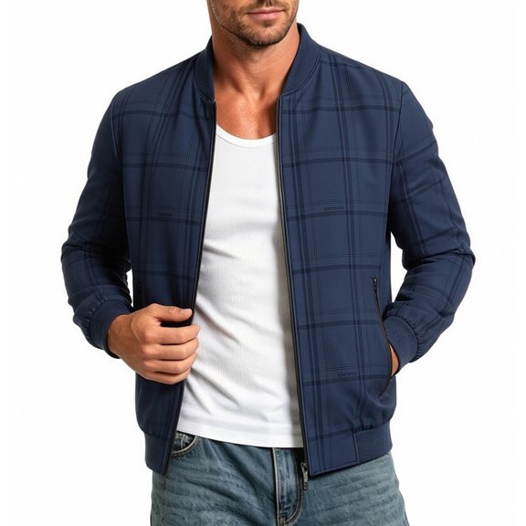 KeShDi Golf Jacket Men Y2k Fall Baseball Collar Plaid Jacket Light Business Casual Dark Blue 3X