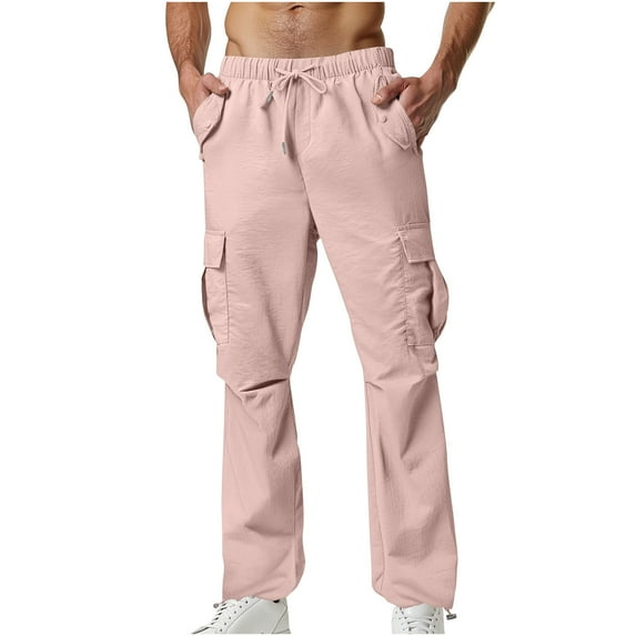 KeShDi Green Cargo Pants Men Hunting Pants Casual Sport Pocket Drawstring Solid Color Elastic Waist Cargo Pants Pink XL