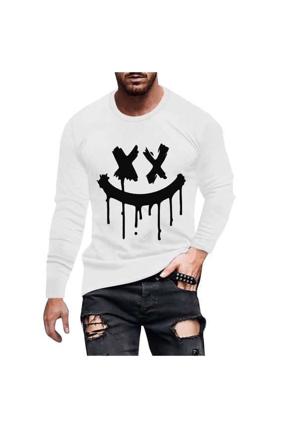Halloween Shirts Graphic Tees Fashionable Men's Printed Top with Long Sleeved Round Neck and Smiling Face Printed Top/shirtX White 2X