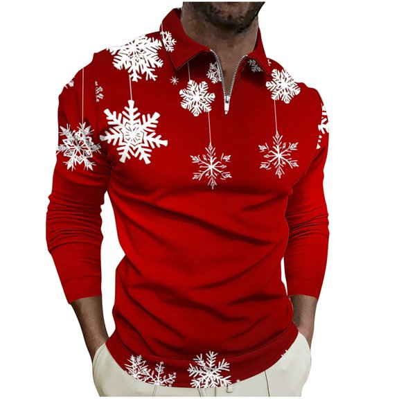 KeShDi Hawaiian Shirt for Men Christmas Men's Pullover Zipper Printing Lapel Long Sleeve Turndown Collar Blouse Shirt RedM