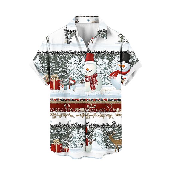 KeShDi Henley Shirts for Men Christmas Men Casual Fashion Turndown Collar Printing Short Sleeve Button Shirt Blouse White 2X