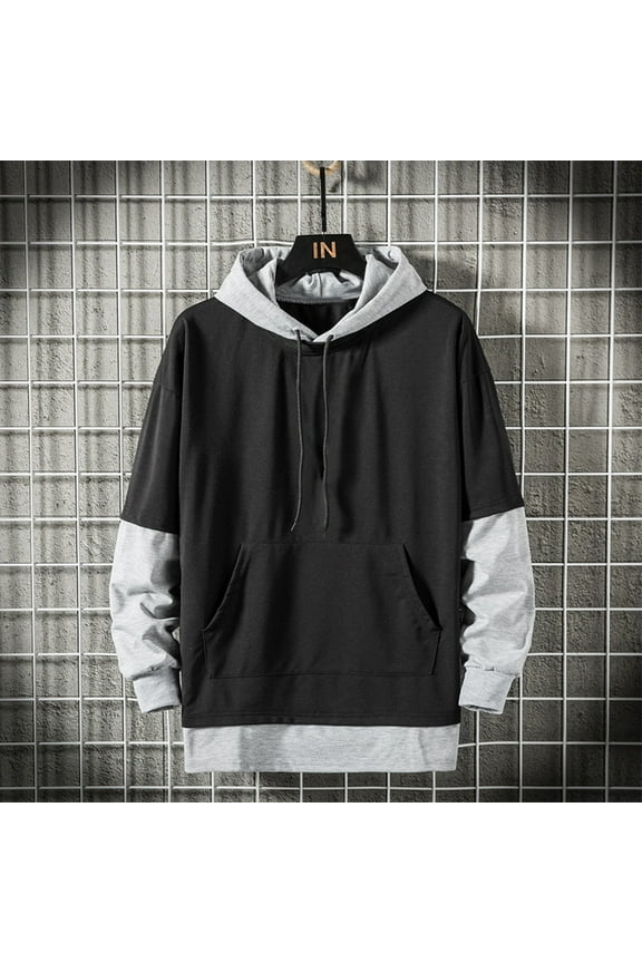 Hooded Sweatshirt Men Y2k Hoodie Men Men's Solid Color Spliced Long Sleeved Hooded Drawstring Sweatshirt Top Black 2X