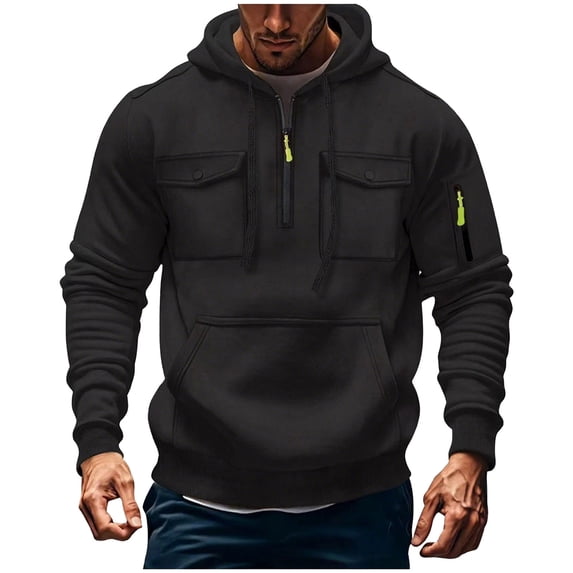 KeShDi Hoodie Men Zip Hoodies for Men Men's Cargo Solid Color Multiple Pockets Sports Ditness Training Long Sleeved Hooded Casual Black S