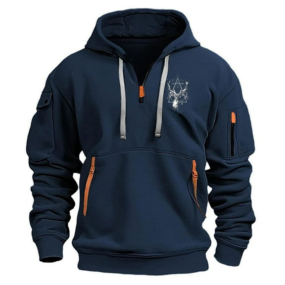KeShDi Hoodies Cute Hoodie Men's Spring and Fall Printed Hooded Sweatshirt Zipper Multi-Pocket Pullover Sweatshirt Navy M