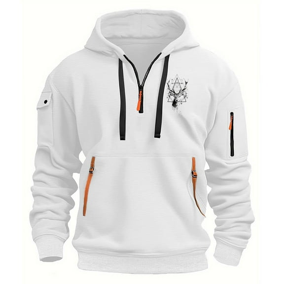 KeShDi Hoodies Cute Hoodie Men's Spring and Fall Printed Hooded Sweatshirt Zipper Multi-Pocket Pullover Sweatshirt White L