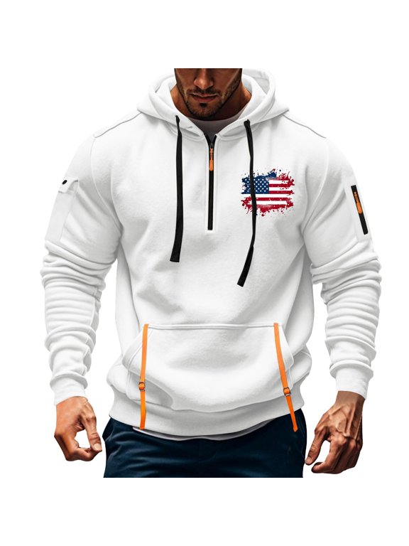 Hoodies for Men Quarter Zip Pullover Tactical Y2k Hoodie with Pockets American Flag Men's Spring and Fall Printed Hooded Sweatshirt Zipper Multi-Pocket Pullover Sweatshirt White 3X