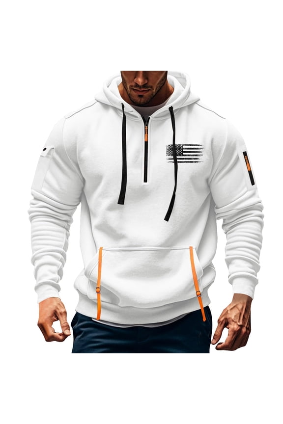 Hoodies for Men Quarter Zip Pullover Tactical Y2k Hoodie with Pockets American Flag Men's Spring and Fall Printed Hooded Sweatshirt Zipper Multi-Pocket Pullover Sweatshirt White XL